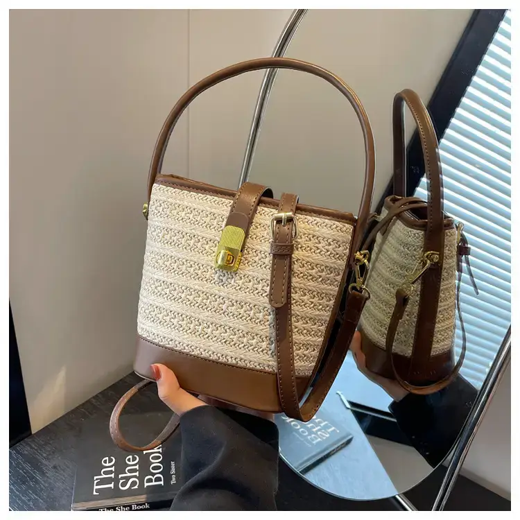 Women Straw Woven Shoulder Bag Brown Leather Strap — feature 20