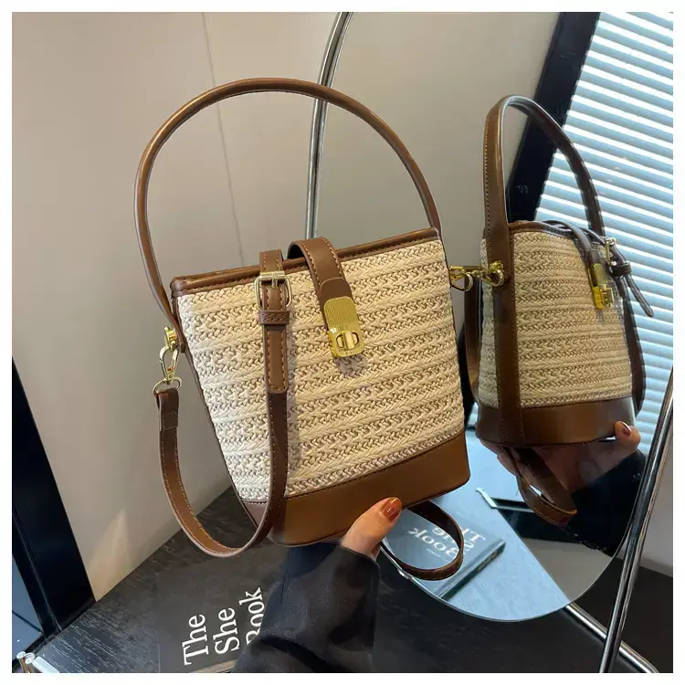 Women Straw Woven Shoulder Bag Brown Leather Strap — feature 21