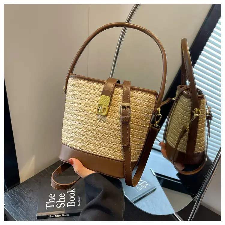 Women Straw Woven Shoulder Bag Brown Leather Strap — feature 22