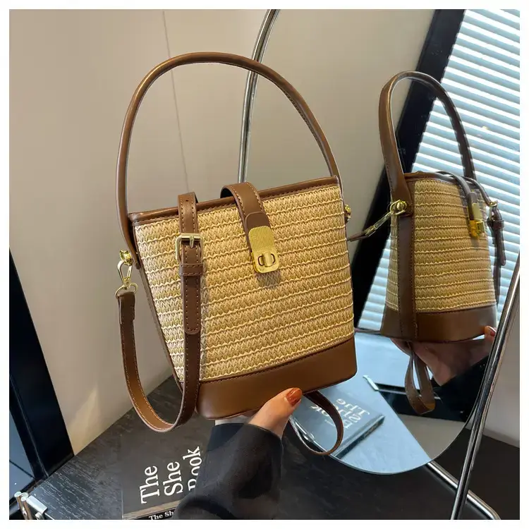 Women Straw Woven Shoulder Bag Brown Leather Strap — feature 23