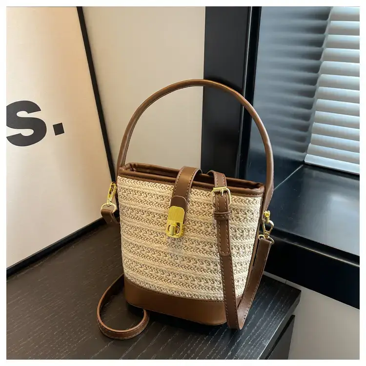 Women Straw Woven Shoulder Bag Brown Leather Strap — feature 25