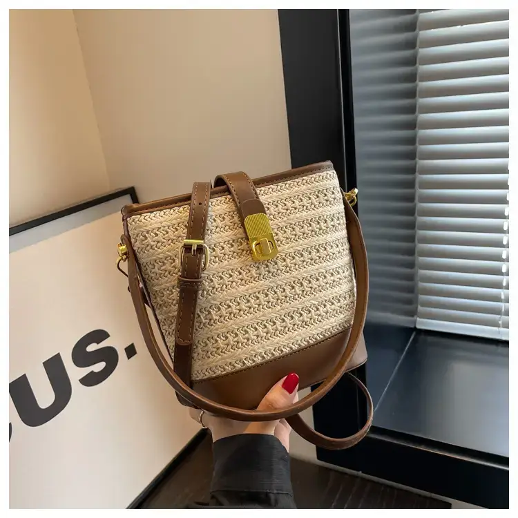 Women Straw Woven Shoulder Bag Brown Leather Strap — feature 26