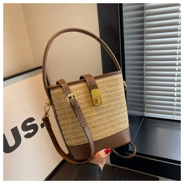 Women Straw Woven Shoulder Bag Brown Leather Strap — feature 27