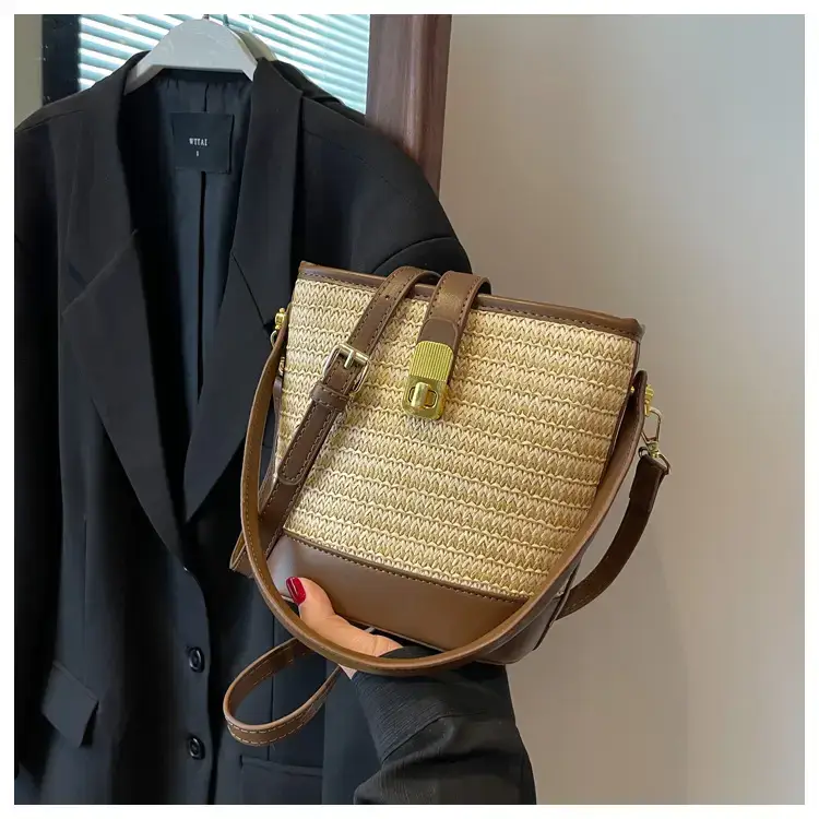 Women Straw Woven Shoulder Bag Brown Leather Strap — feature 30