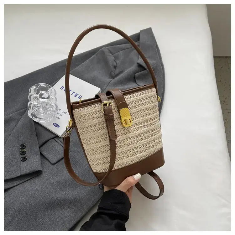 Women Straw Woven Shoulder Bag Brown Leather Strap — feature 33