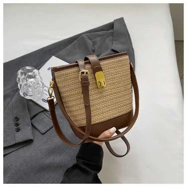 Women Straw Woven Shoulder Bag Brown Leather Strap — feature 36