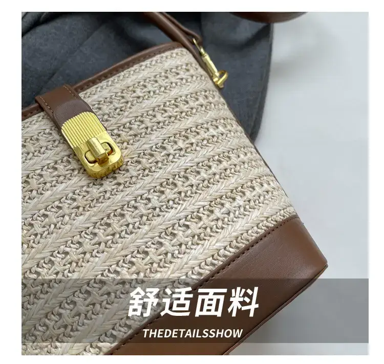 Women Straw Woven Shoulder Bag Brown Leather Strap — feature 4