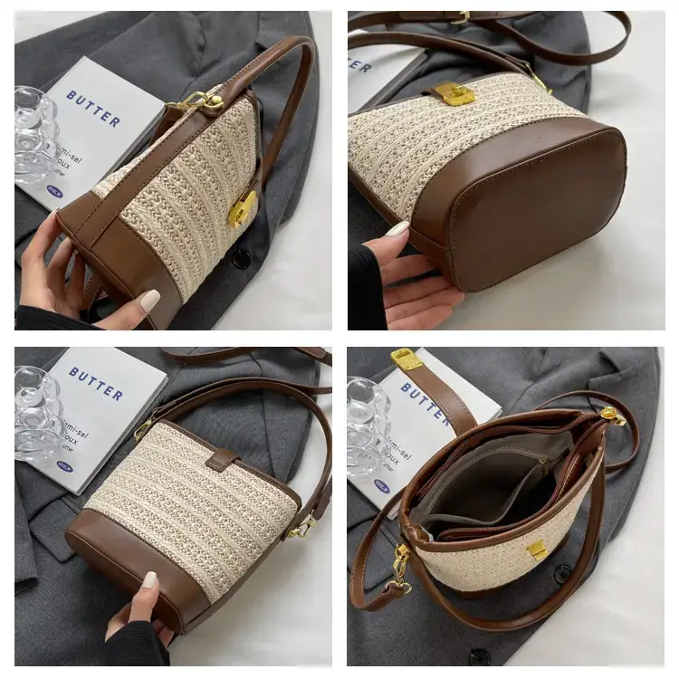 Women Straw Woven Shoulder Bag Brown Leather Strap — feature 8