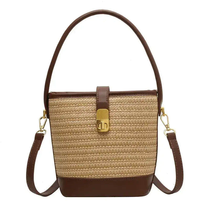 Women Straw Woven Shoulder Bag Brown Leather Strap - Image 2