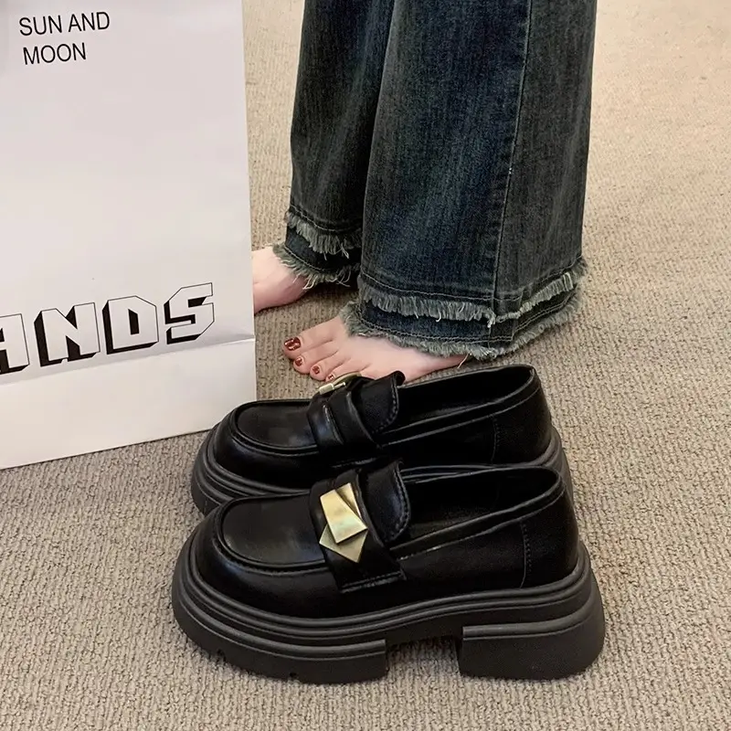 Black Thick-Soled British Style Small Leather Shoes for Women 2025 Spring New Retro Versatile One-Leg Loafers Mary Jane