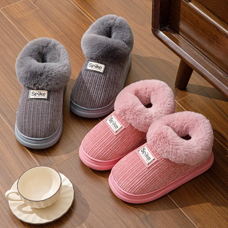 Women Winter Plush Slippers Warm Non-Slip Heel