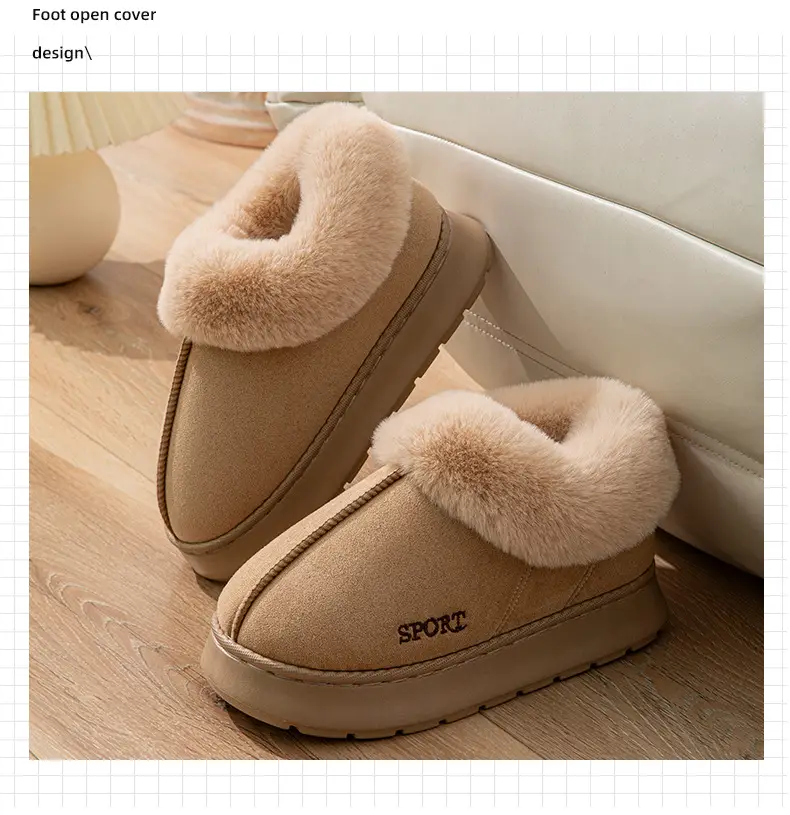 Suede Bag with Big Hair Mouth Indoor and Outdoor Home Wooden Floor Autumn and Winter Men and Women Couple Thick Sole Cotton Shoes Snow Boots — feature 11