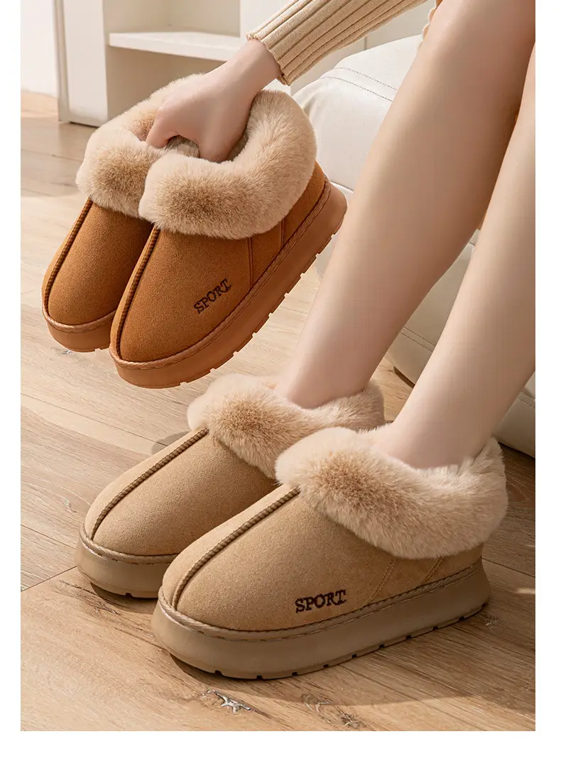 Suede Bag with Big Hair Mouth Indoor and Outdoor Home Wooden Floor Autumn and Winter Men and Women Couple Thick Sole Cotton Shoes Snow Boots — feature 14