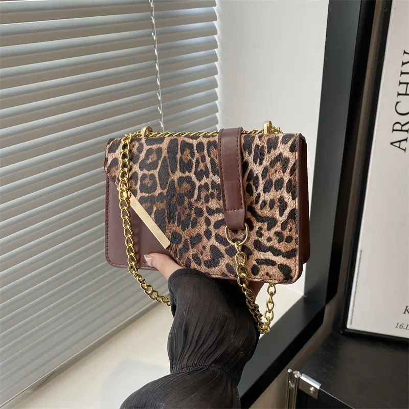 Women Leopard Print Crossbody Bag with Chain Strap