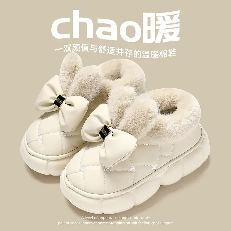 Bow Cotton Slippers Women's Winter fleece-lined Thickened Plush Warm Non-slip Heel Women's Home Outdoor Cotton Shoes for Winter - Image 5