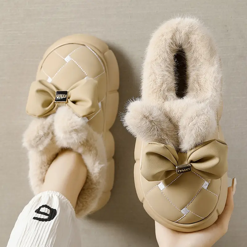 Bow Cotton Slippers Women's Winter fleece-lined Thickened Plush Warm Non-slip Heel Women's Home Outdoor Cotton Shoes for Winter - Image 6