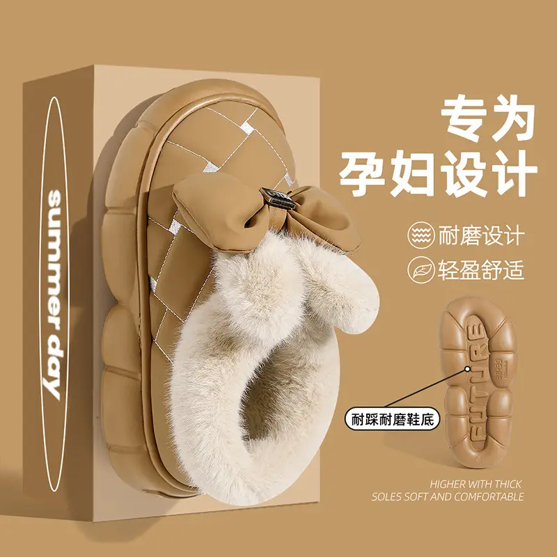 Bow Cotton Slippers Women's Winter fleece-lined Thickened Plush Warm Non-slip Heel Women's Home Outdoor Cotton Shoes for Winter - Image 7