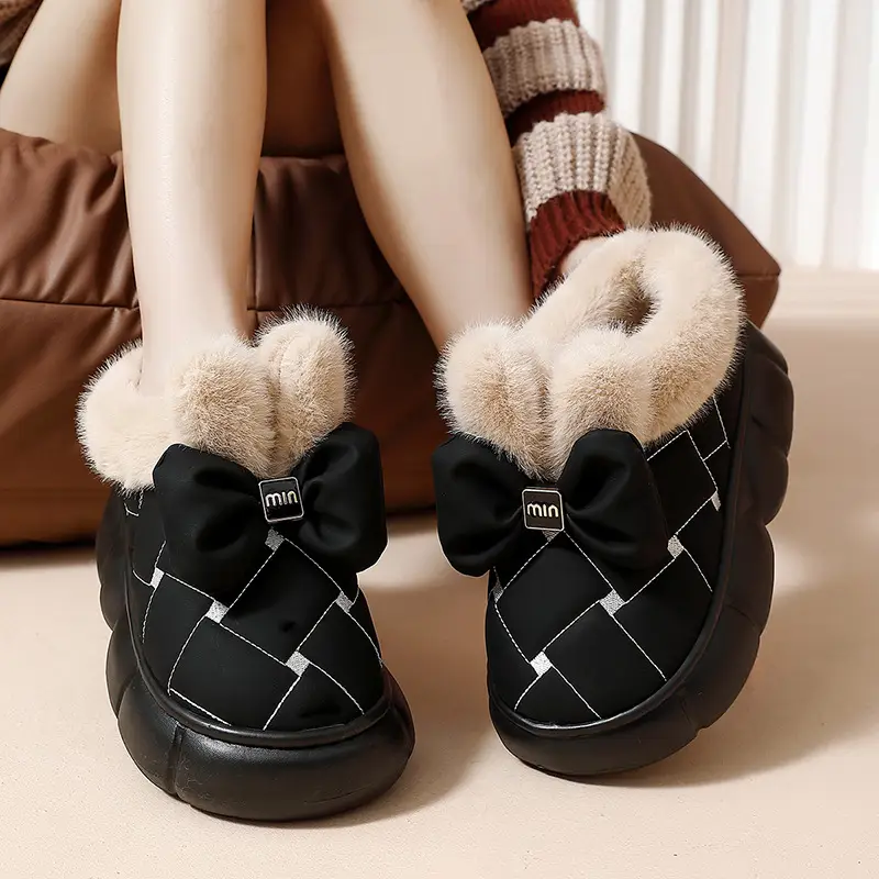 Bow Cotton Slippers Women's Winter fleece-lined Thickened Plush Warm Non-slip Heel Women's Home Outdoor Cotton Shoes for Winter - Image 8