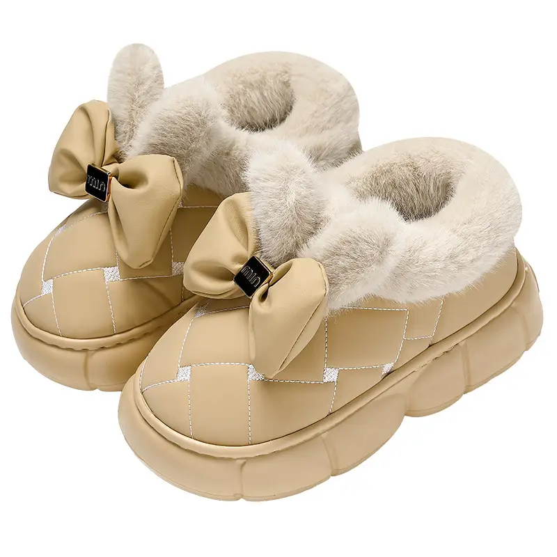 Bow Cotton Slippers Women's Winter fleece-lined Thickened Plush Warm Non-slip Heel Women's Home Outdoor Cotton Shoes for Winter - Image 9