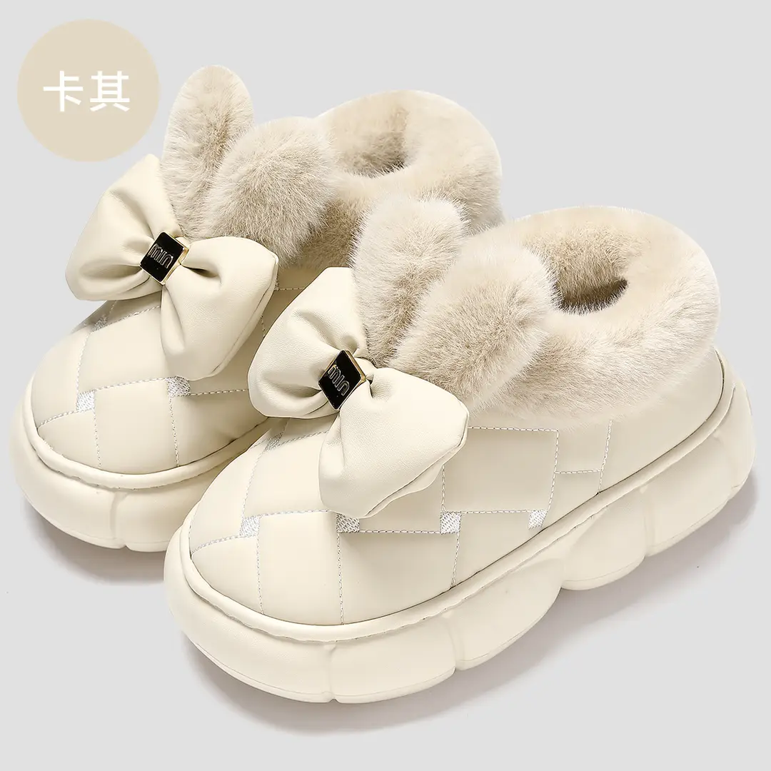 Bow Cotton Slippers Women's Winter fleece-lined Thickened Plush Warm Non-slip Heel Women's Home Outdoor Cotton Shoes for Winter - Image 2