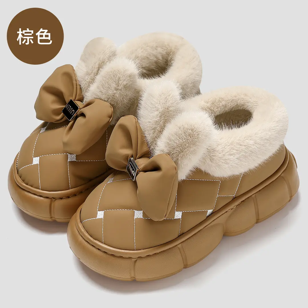 Bow Cotton Slippers Women's Winter fleece-lined Thickened Plush Warm Non-slip Heel Women's Home Outdoor Cotton Shoes for Winter - Image 4