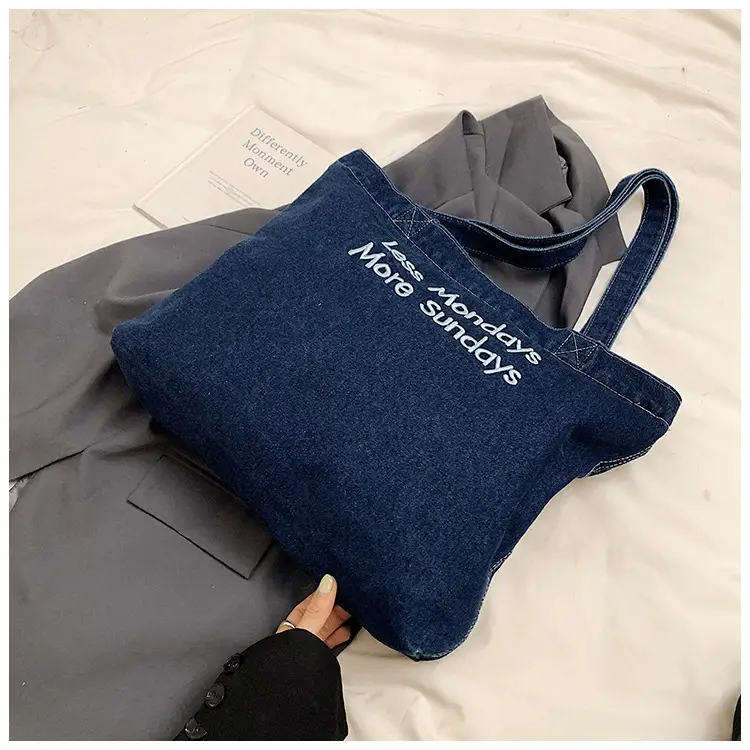 Retro Denim Shoulder Tote with "Love Manders Moon's Sundays" Embroidery — feature 18