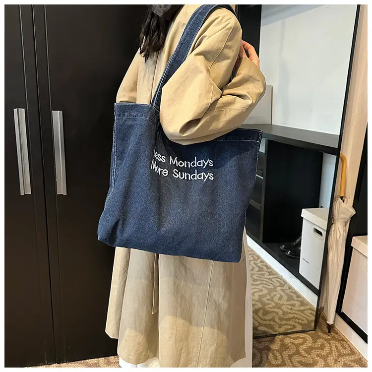 Retro Denim Shoulder Tote with "Love Manders Moon's Sundays" Embroidery — feature 8