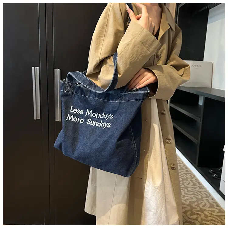 Retro Denim Shoulder Tote with "Love Manders Moon's Sundays" Embroidery — feature 9