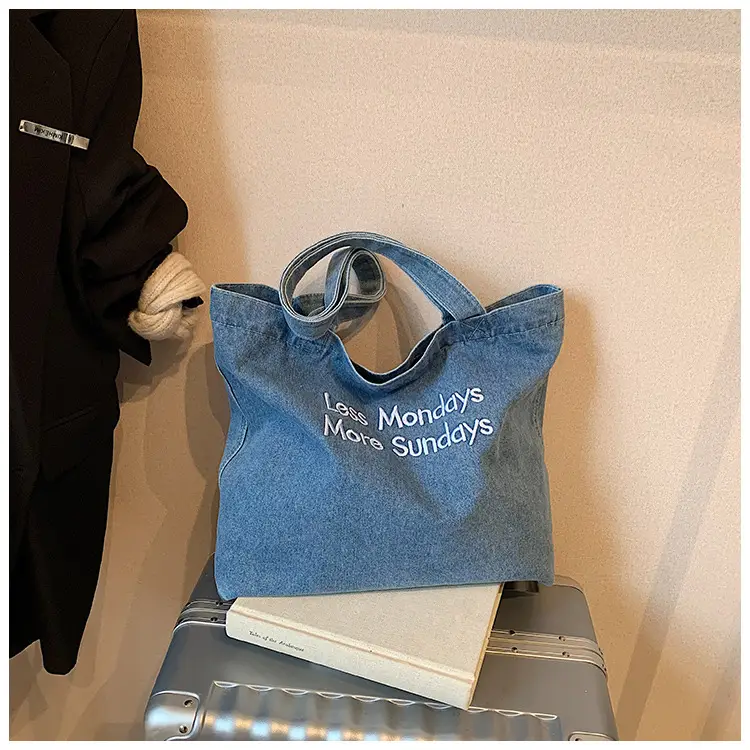 Retro Denim Shoulder Tote with "Love Manders Moon's Sundays" Embroidery - Image 2