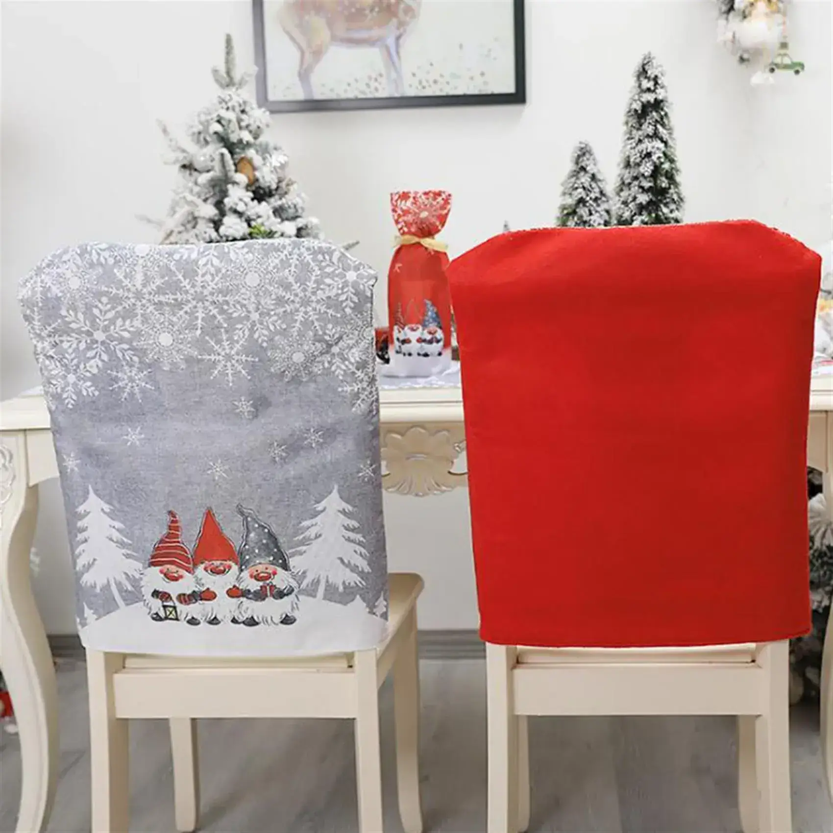 Christmas Table Chair Cover with Gnome Design Grey Red