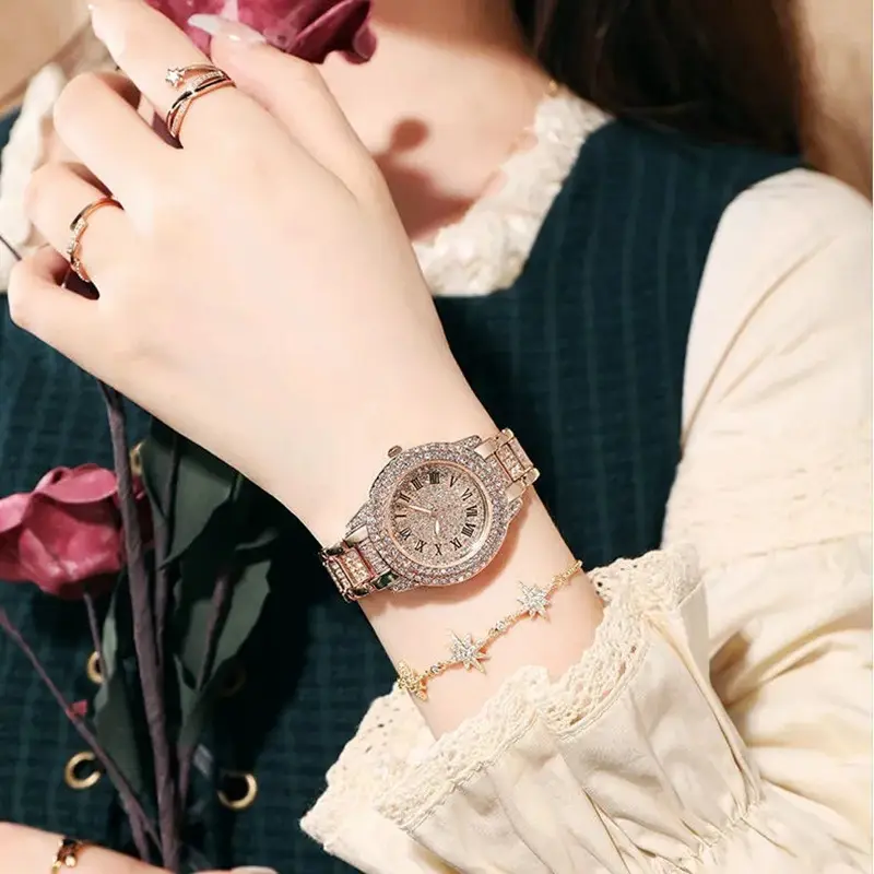 Women's Full Diamond Watch Rose Gold Roman Dial - Image 6