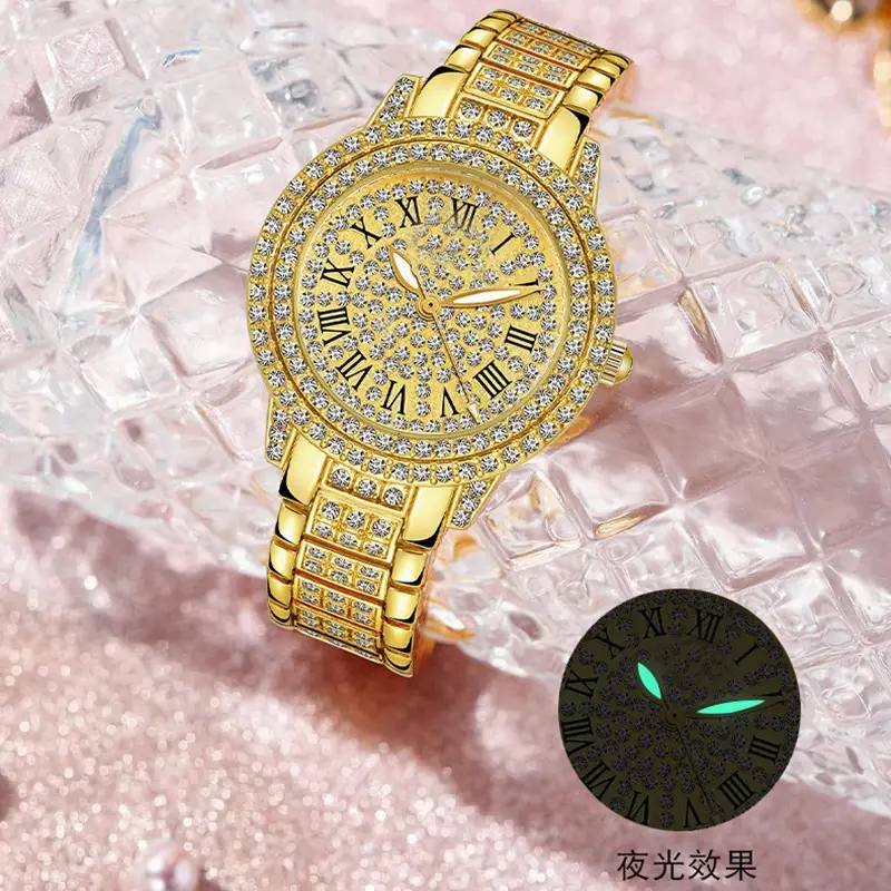 Women's Full Diamond Watch Rose Gold Roman Dial - Image 2