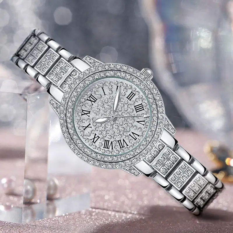 Women's Full Diamond Watch Rose Gold Roman Dial - Image 3