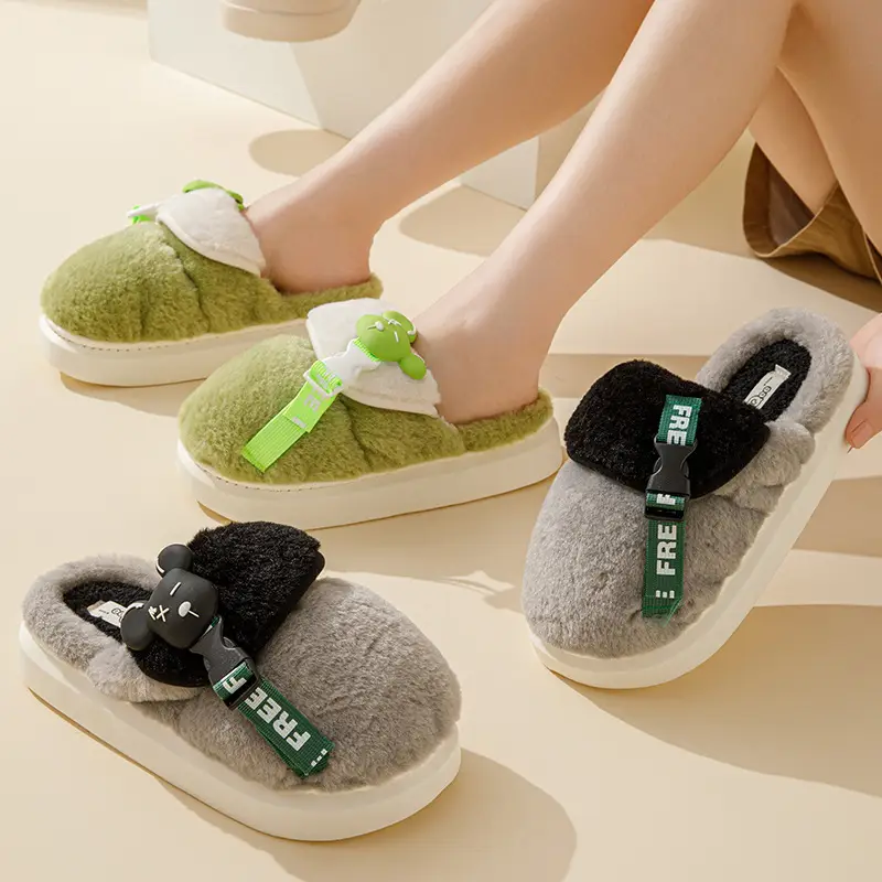 2024 Cartoon Fleece Slippers Women Orange Winter Warm