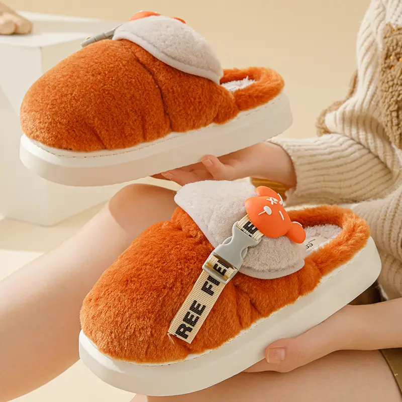 2024 Cartoon Fleece Slippers Women Orange Winter Warm