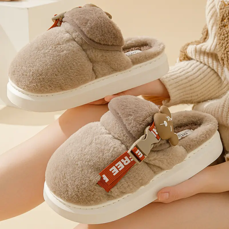 2024 Cartoon Fleece Slippers Women Orange Winter Warm