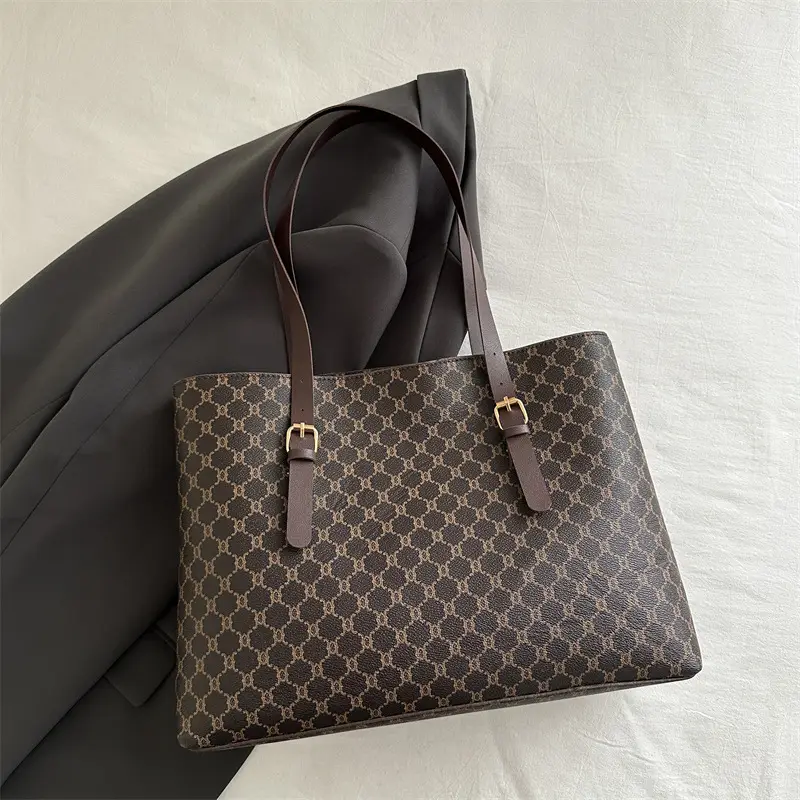 Women's Large Capacity Shoulder Bag Brown Monogram Pattern - Image 6