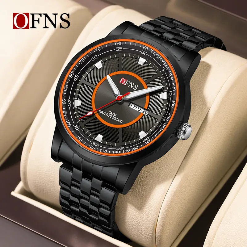 OFNS Black Quartz Watch with Dual Calendar & Waterproof Design - Image 9