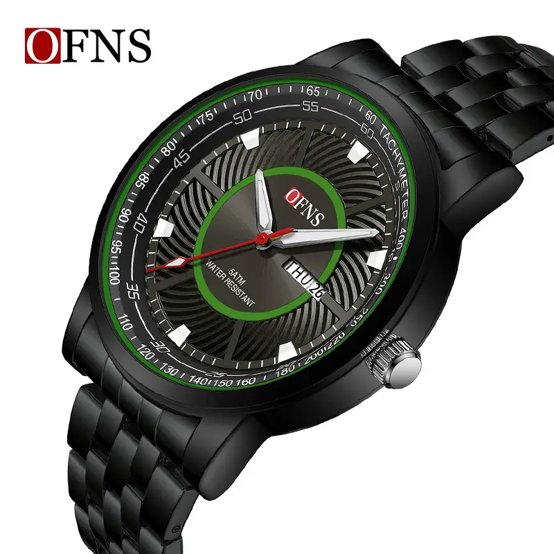 OFNS Black Quartz Watch with Dual Calendar & Waterproof Design - Image 11