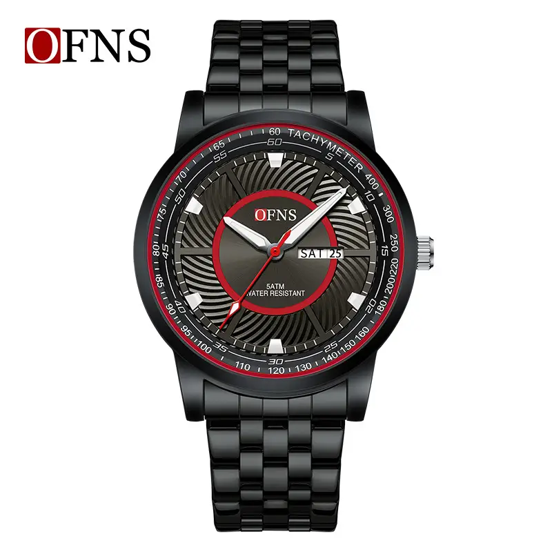 OFNS Men's Black Cross-Branded Quartz Watch with Red Dial - Image 7