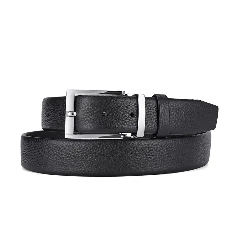 Men's Black Leather Belt with Silver Buckle 3.3cm - Image 3