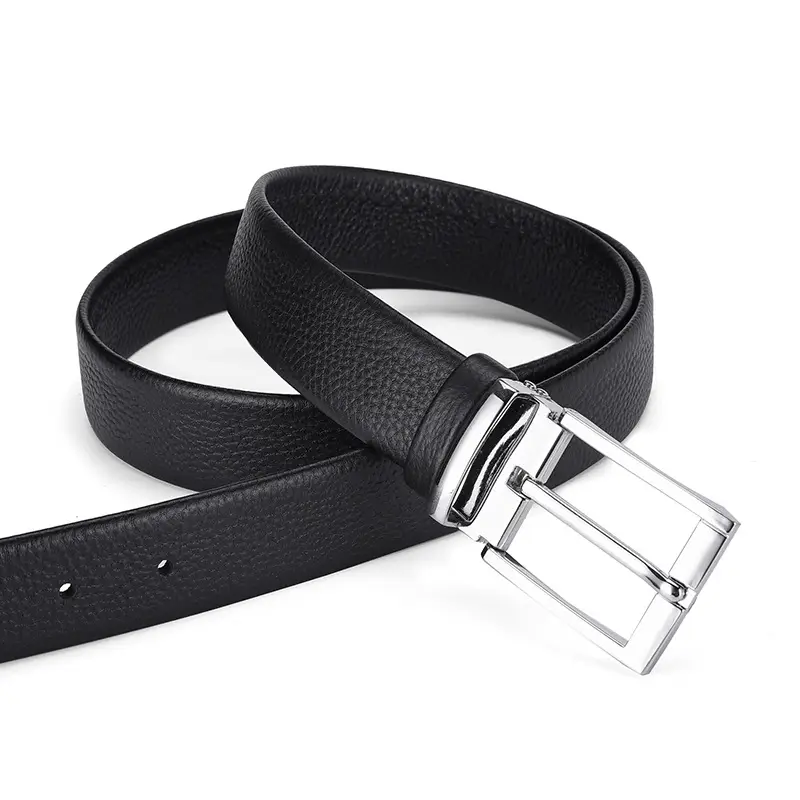 Men's Black Leather Belt with Silver Buckle 3.3cm - Image 4