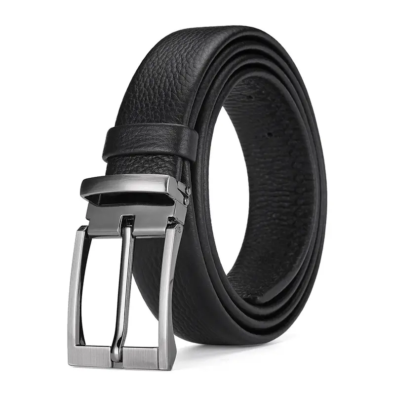 Men's Black Leather Belt with Silver Buckle 3.3cm - Image 2