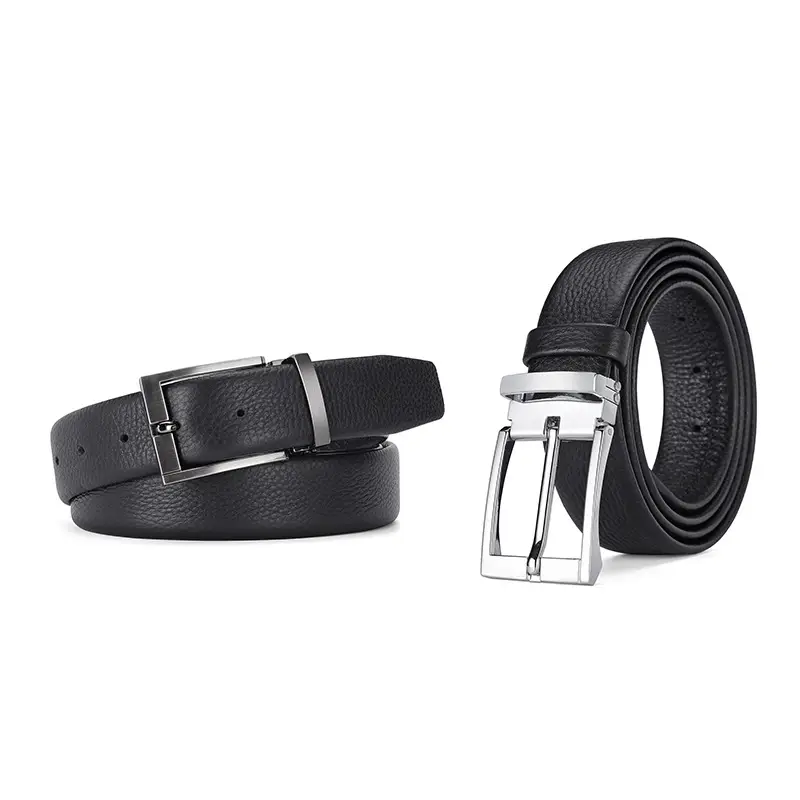Men's Black Leather Belt with Silver Buckle 3.3cm — feature 2