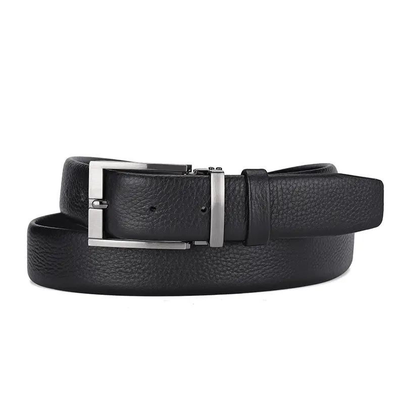Men's Black Leather Belt with Silver Buckle 3.3cm — feature 5