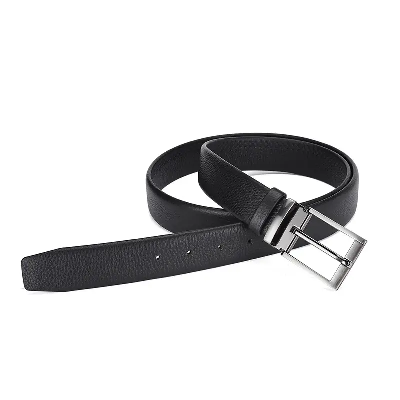 Men's Black Leather Belt with Silver Buckle 3.3cm — feature 8