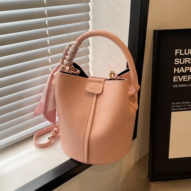 Pink Soft Leather Bucket Bag for Women