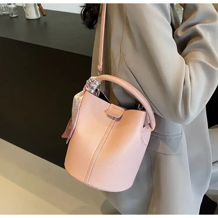 Pink Soft Leather Bucket Bag for Women — feature 25