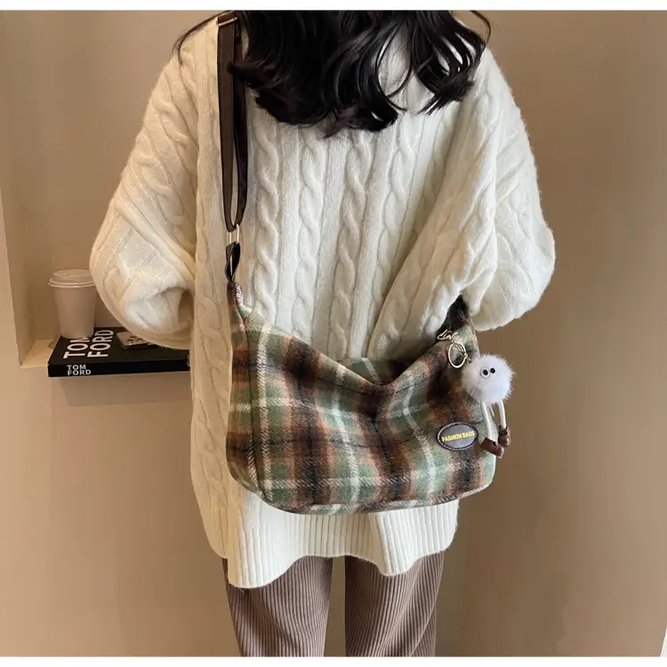 Korean Woolen Crossbody Bag Brown Checkered Women - Image 9