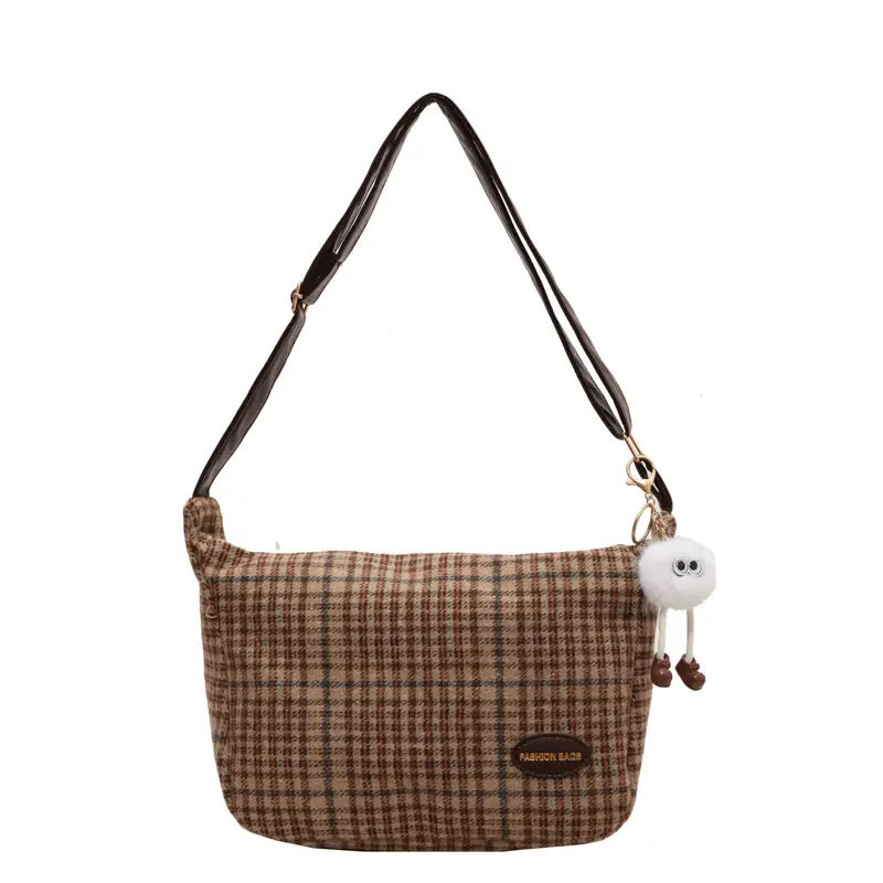 Korean Woolen Crossbody Bag Brown Checkered Women - Image 11